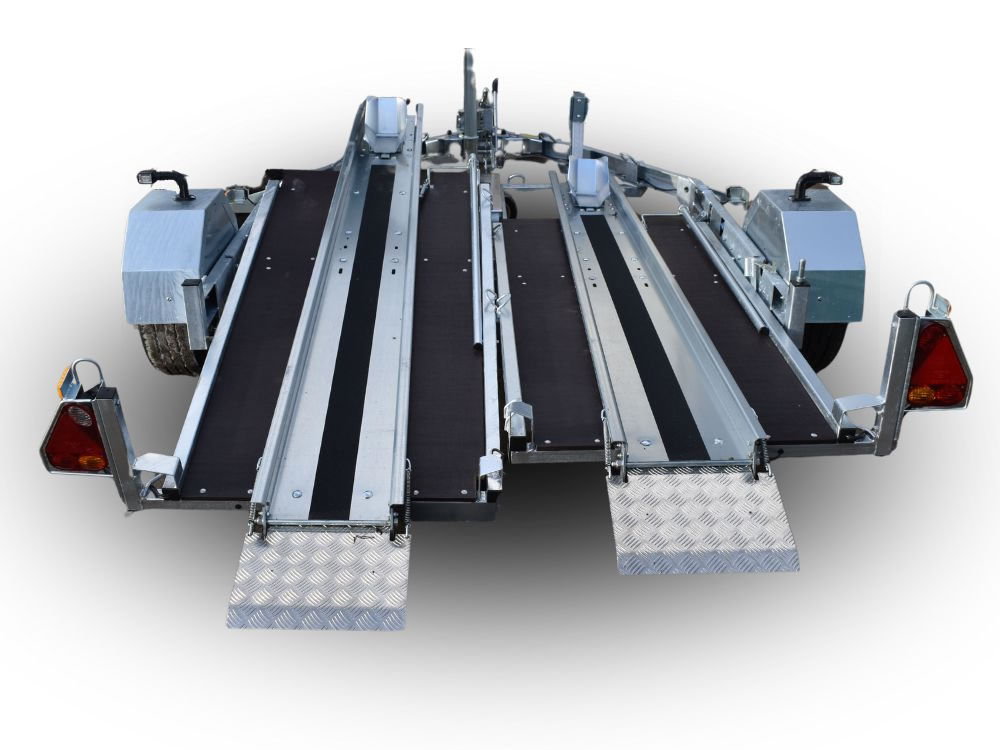 Two bike motorcycle trailer engineered for efficient transport.